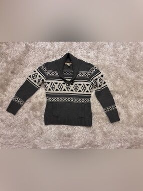 Love Change Charcoal Shawl Collar Fair Isle Sweater - Gray/White Cowichan